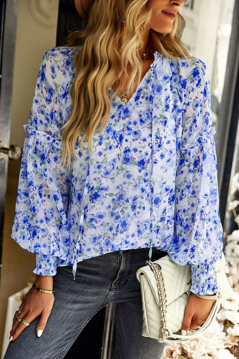 Floral Tie-Neck Lantern Sleeve Blouse with Ruched Waist Blue Floral