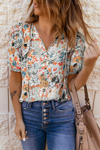 Floral Tie-Neck Off-the-Shoulder Blouse Floral