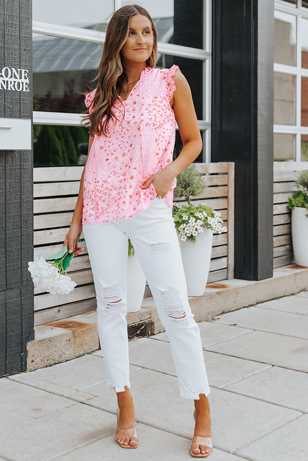 Floral Tie-Neck Ruffled Sleeveless Top with V-Neck