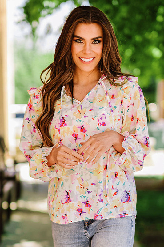 Floral Tie-Neck Top with Ruffle Shoulders