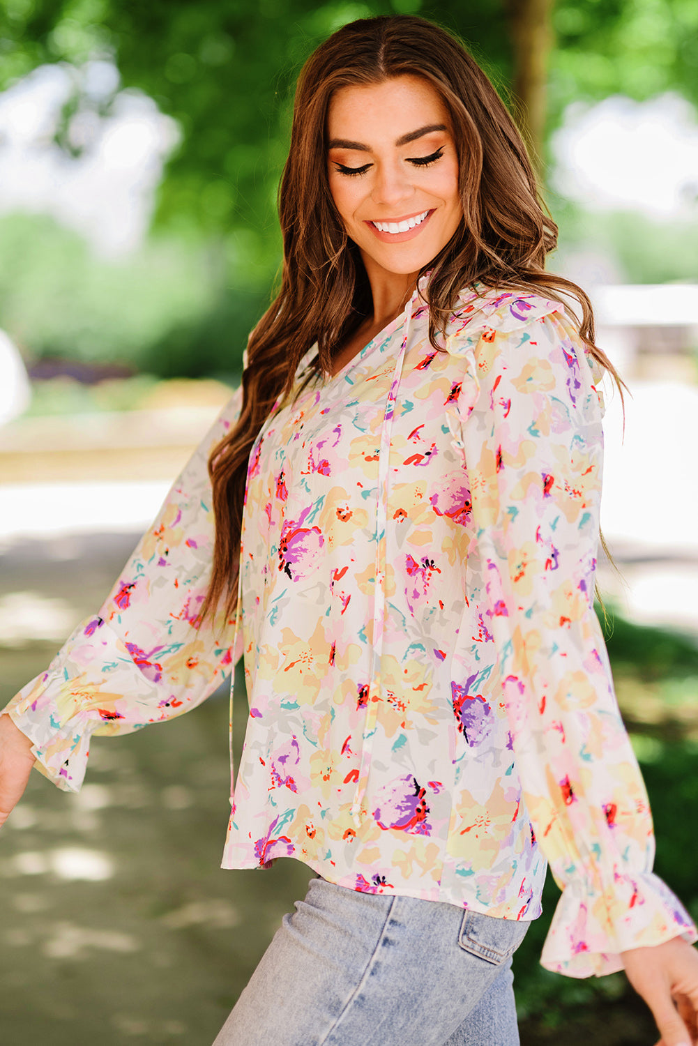 Floral Tie-Neck Top with Ruffle Shoulders