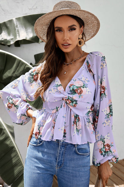 Floral Twisted Peplum Blouse with Ruffled Hem