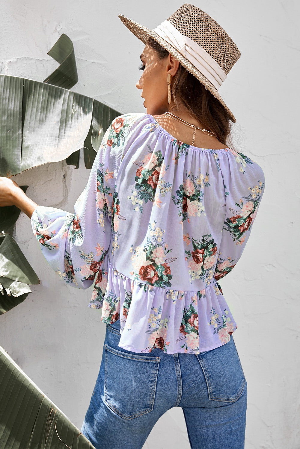 Floral Twisted Peplum Blouse with Ruffled Hem