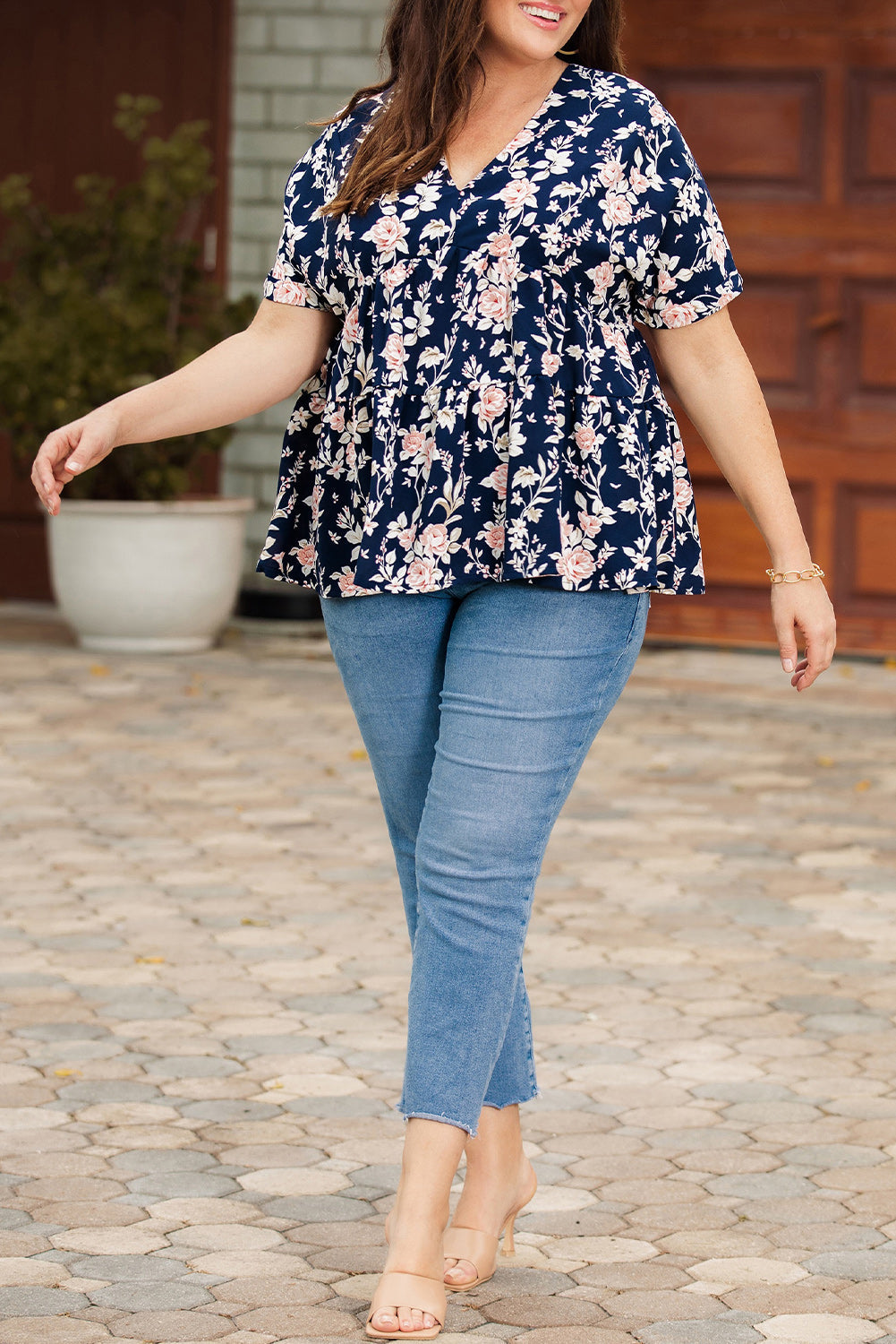 Floral V-Neck Babydoll Blouse with Tie