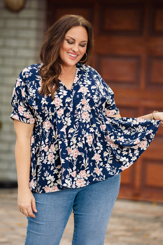 Floral V-Neck Babydoll Blouse with Tie Blue