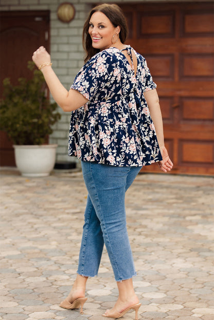 Floral V-Neck Babydoll Blouse with Tie