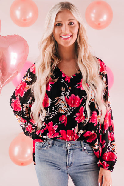 Floral V-Neck Balloon-Sleeved Blouse Black S