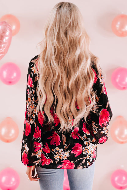 Floral V-Neck Balloon-Sleeved Blouse