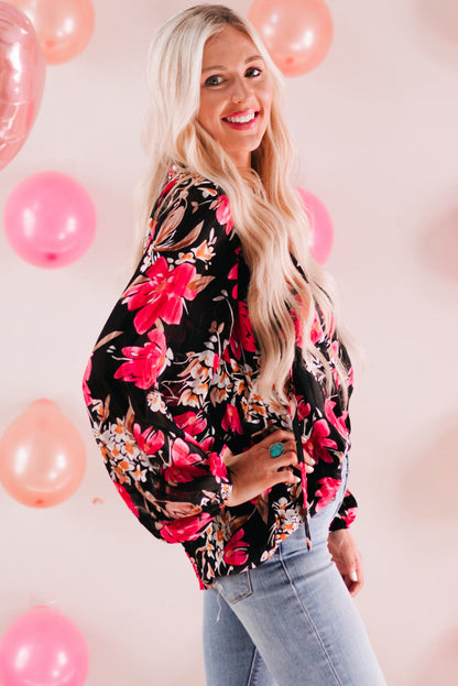 Floral V-Neck Balloon-Sleeved Blouse