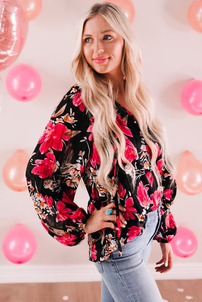 Floral V-Neck Balloon-Sleeved Blouse