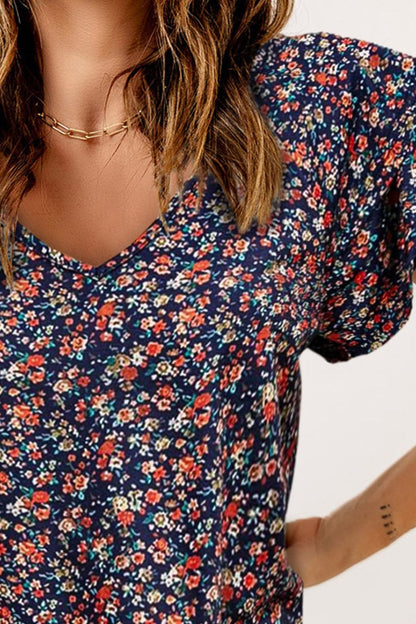 Floral V-Neck Flutter-Sleeved Blouse