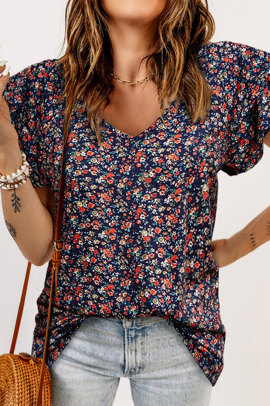 Floral V-Neck Flutter-Sleeved Blouse Floral