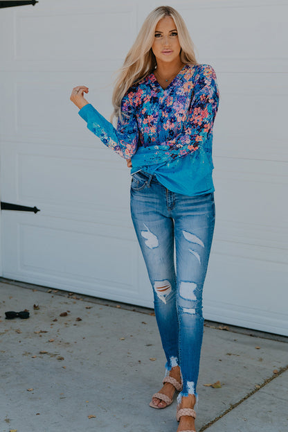 Floral V-Neck Long Sleeve Blouse