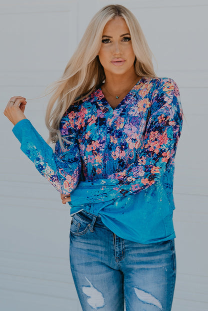 Floral V-Neck Long Sleeve Blouse Blue S