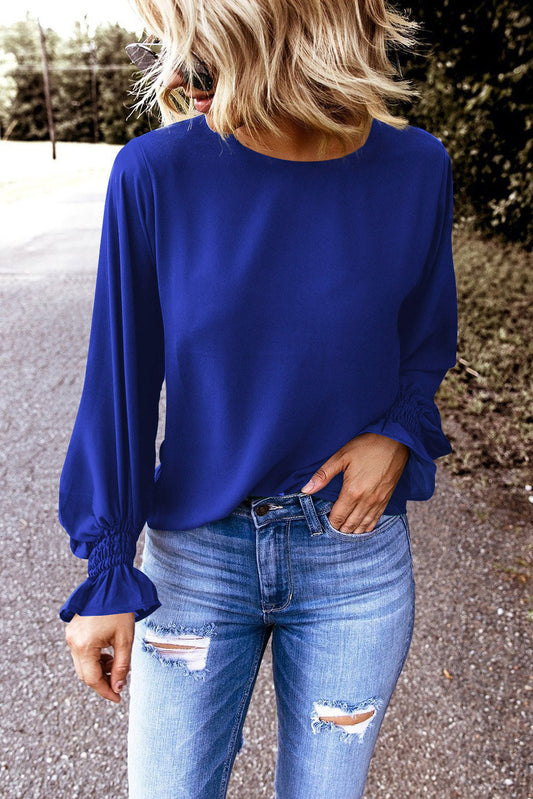 Flounce-Sleeved Round Neck Top Blue