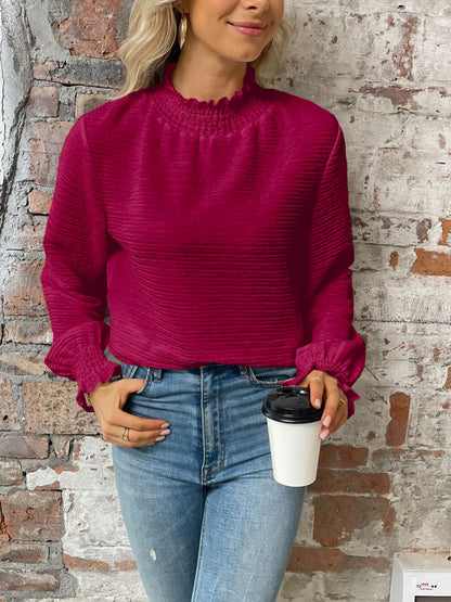 Flounce-Sleeved Smocked Mock Neck Top Deep Rose