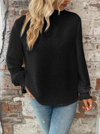 Flounce-Sleeved Smocked Mock Neck Top