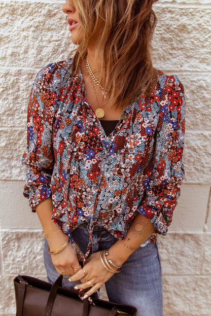 Flounced Tie-Neck Top with Printed Design