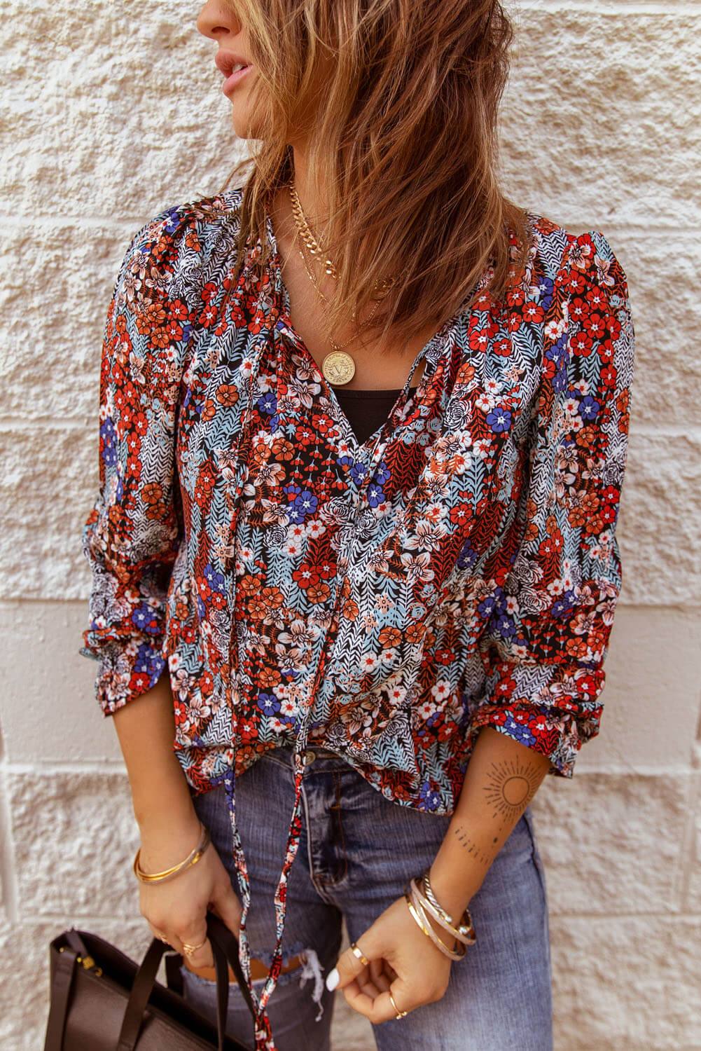 Flounced Tie-Neck Top with Printed Design Blue Floral