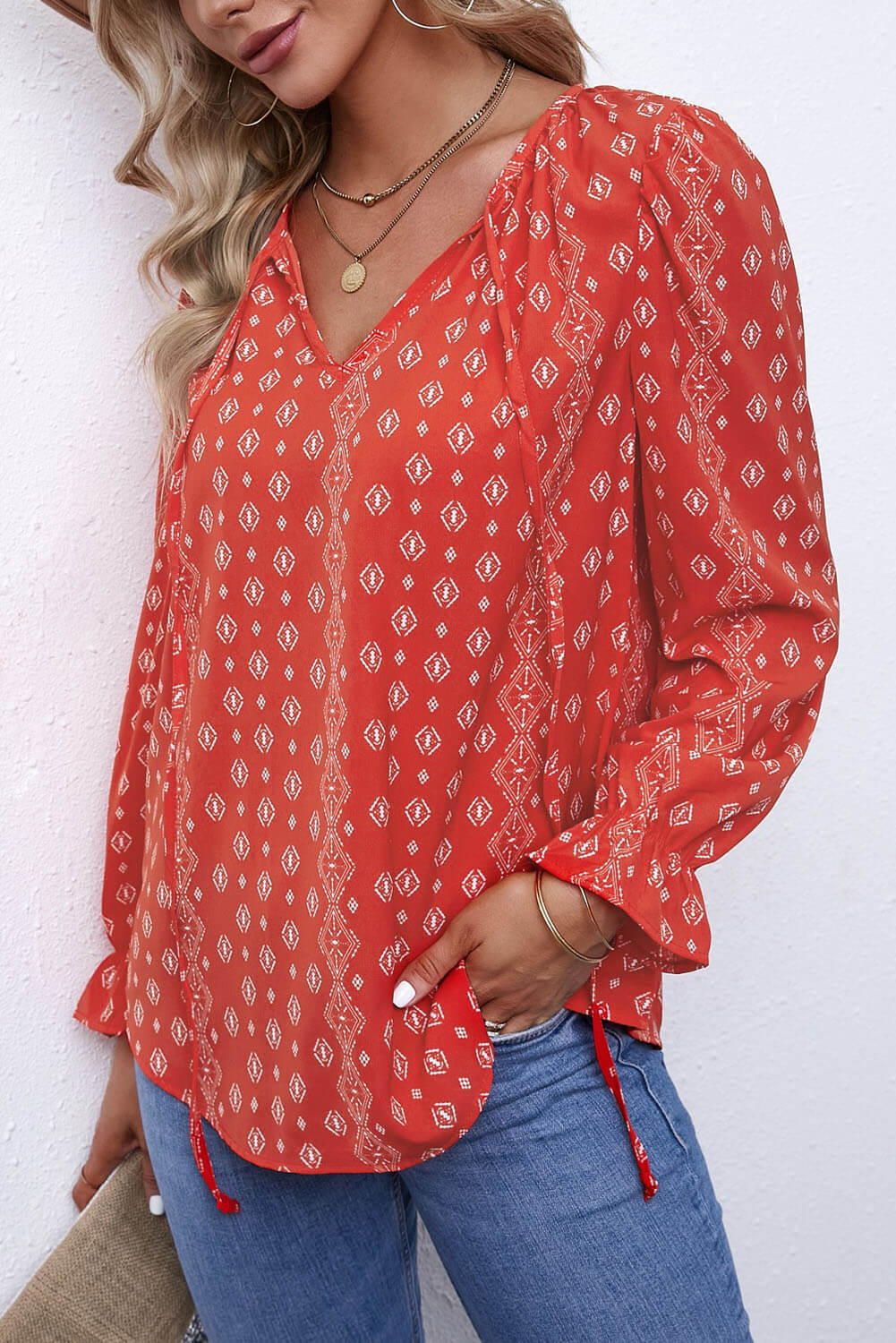 Flounced Tie-Neck Top with Printed Design Red