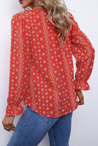 Flounced Tie-Neck Top with Printed Design