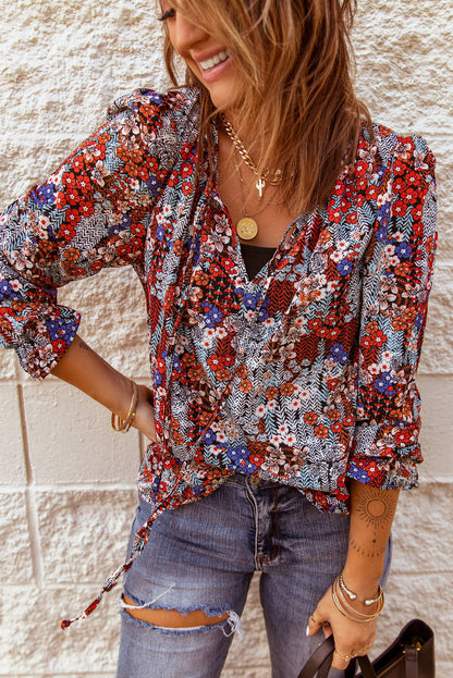 Flounced Tie-Neck Top with Printed Design