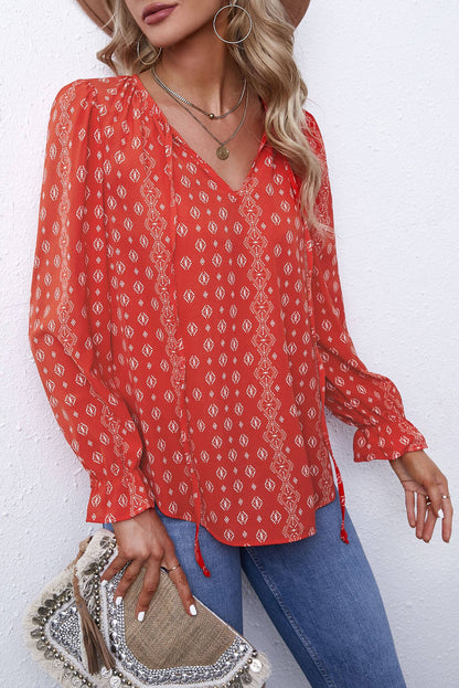 Flounced Tie-Neck Top with Printed Design