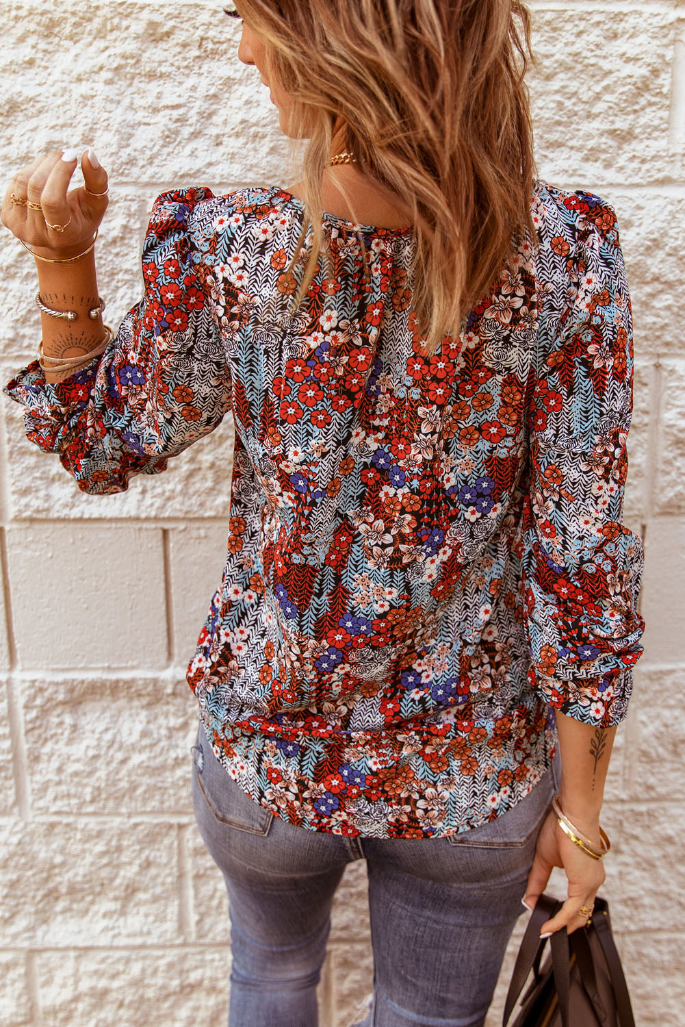 Flounced Tie-Neck Top with Printed Design