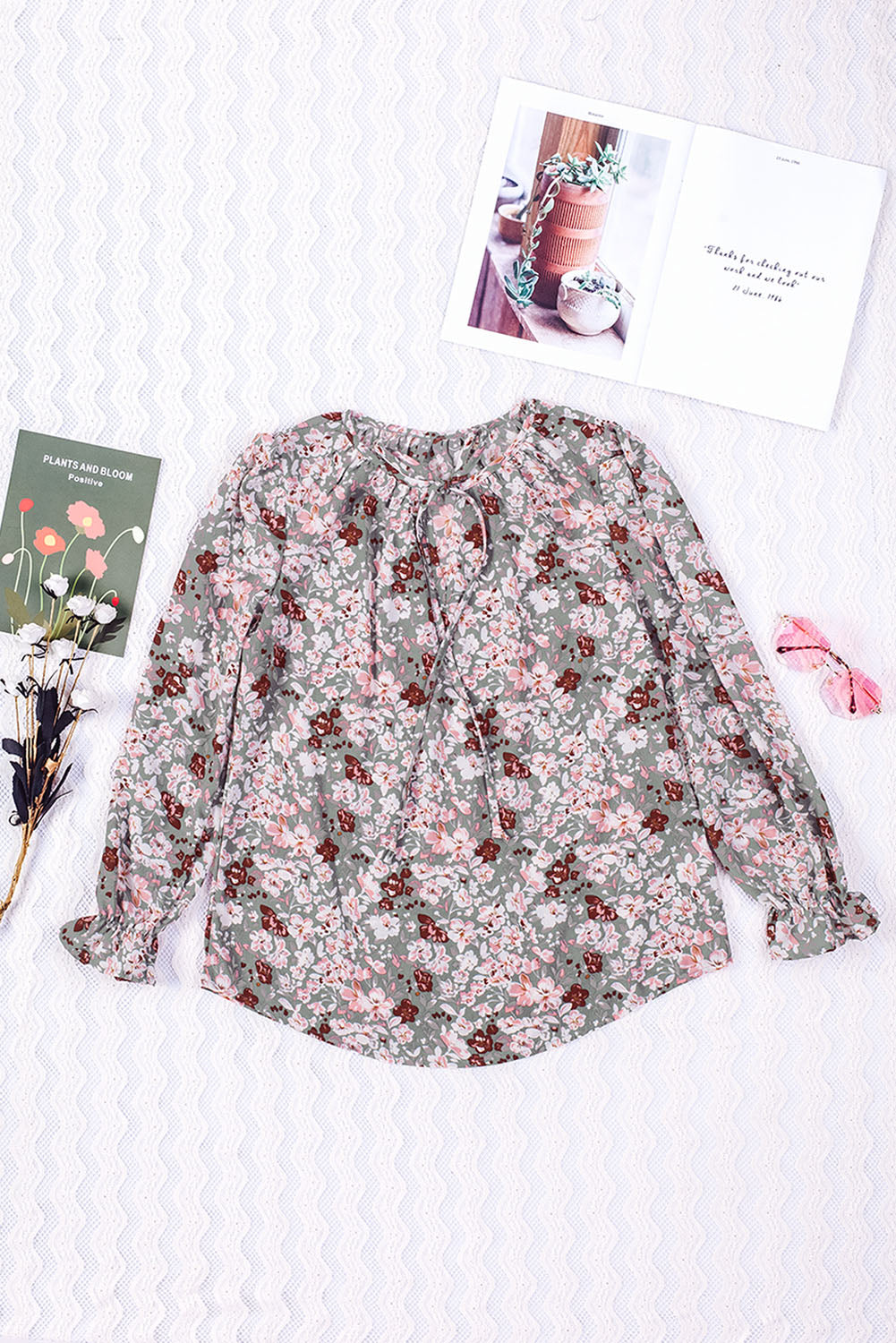 Flounced Tie-Neck Top with Printed Design Pink Floral