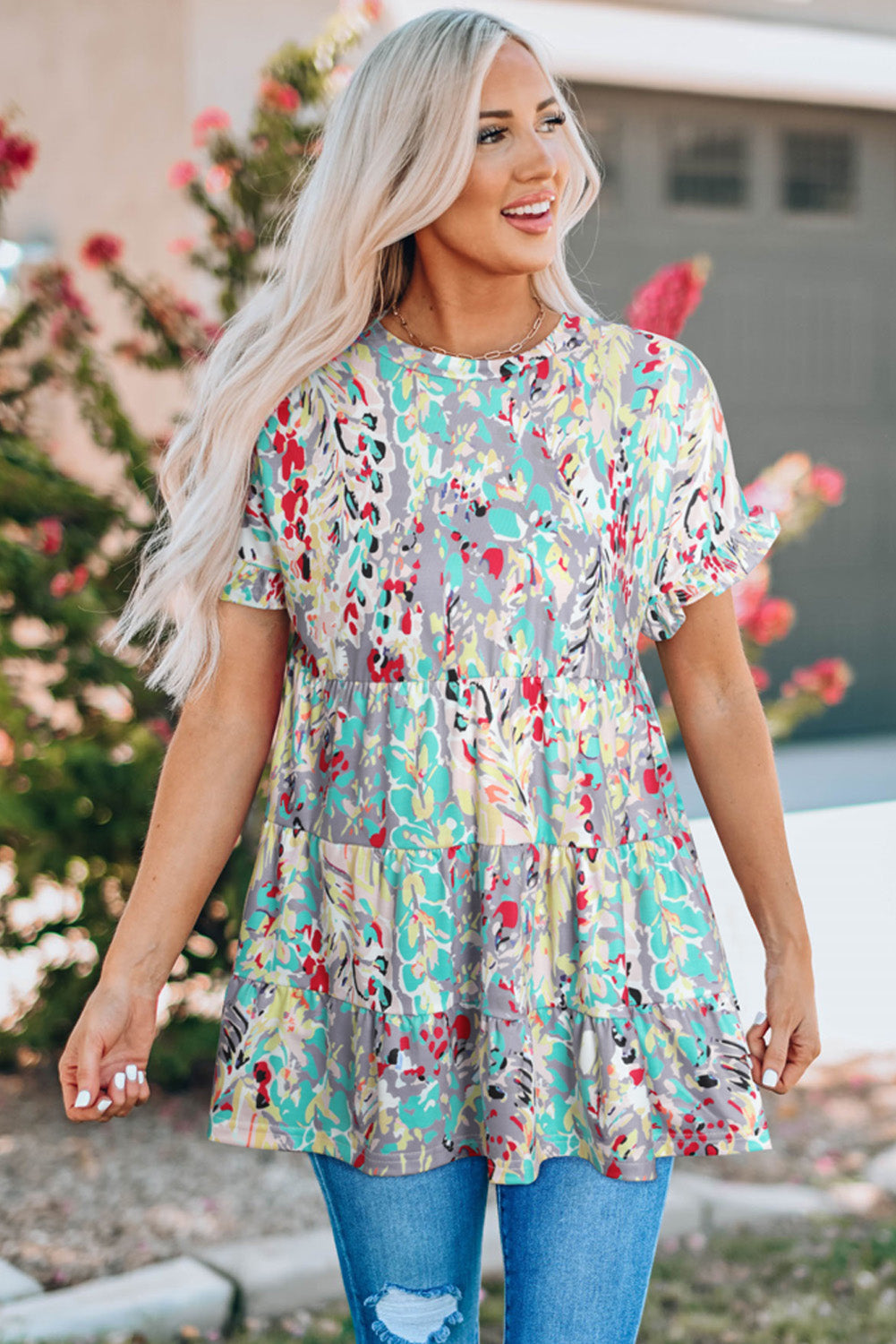 Flounced Tiered Floral Blouse Light Green