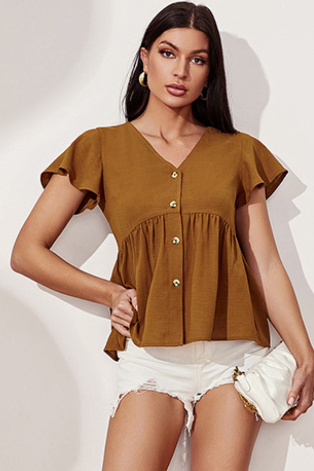 Flutter Sleeve Babydoll Blouse Brown