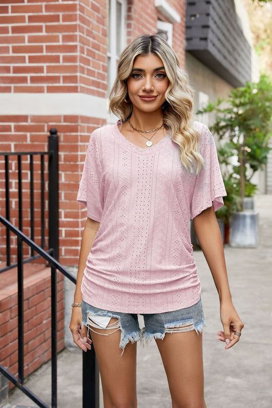 Flutter-Sleeved Eyelet Top with Gathered Detail Blush Pink