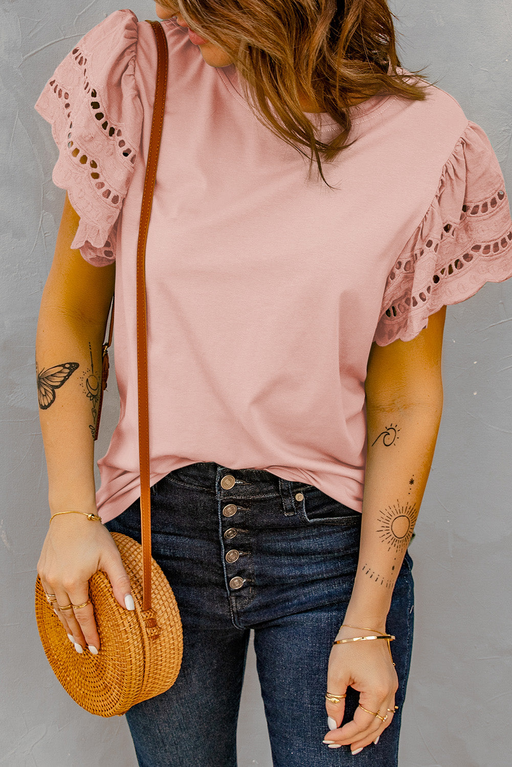 Flutter-Sleeved Round Neck Top Pink