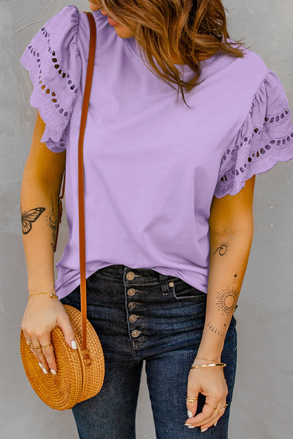 Flutter-Sleeved Round Neck Top Purple