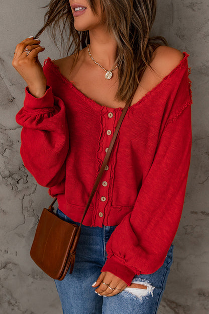 Frayed Trim Button-Front Knit Top