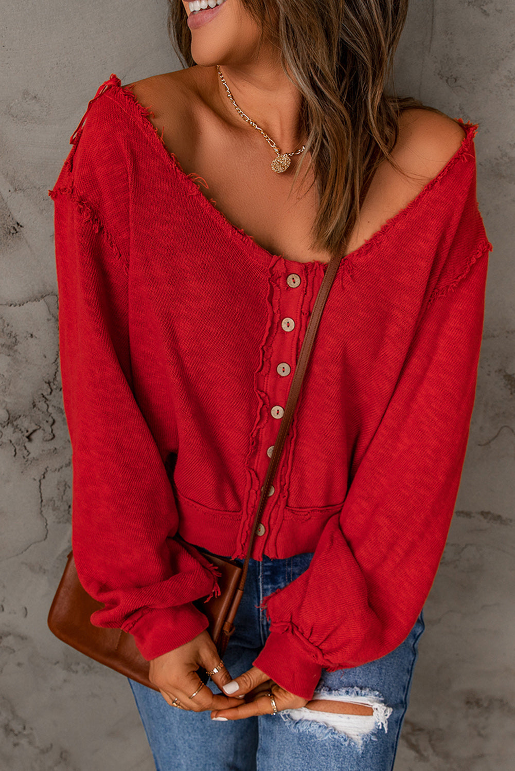 Frayed Trim Button-Front Knit Top Red