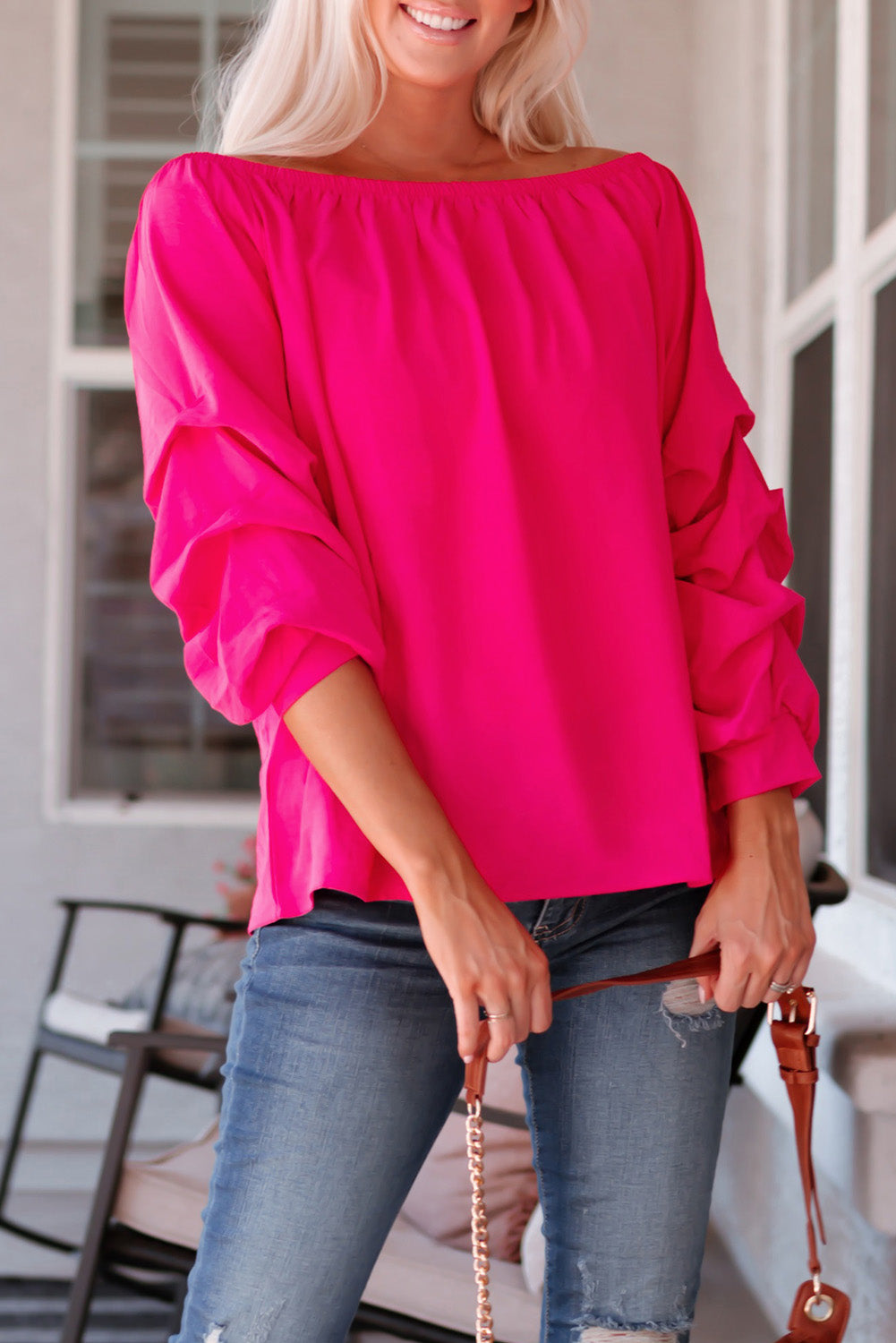 Gathered Detail Off-Shoulder Blouse Rose XL