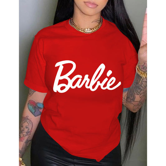 Women's T-shirt Printed Short Sleeve Basic Round Neck Regular Fit Red