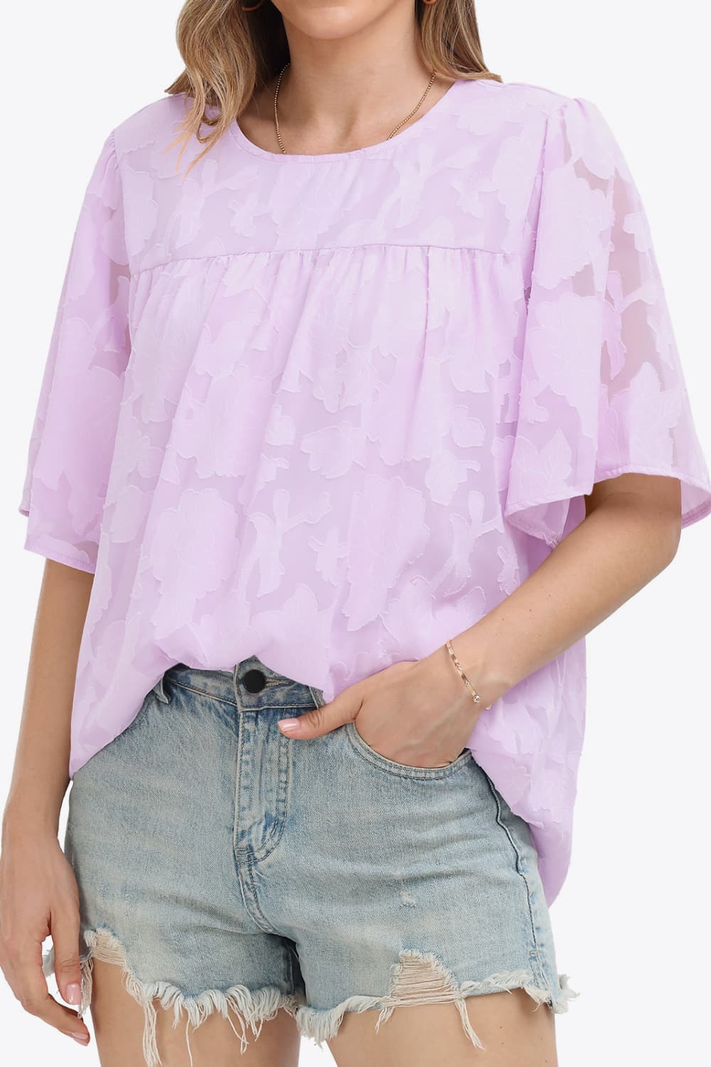 Half-Sleeved Round-Neck Blouse Lavender