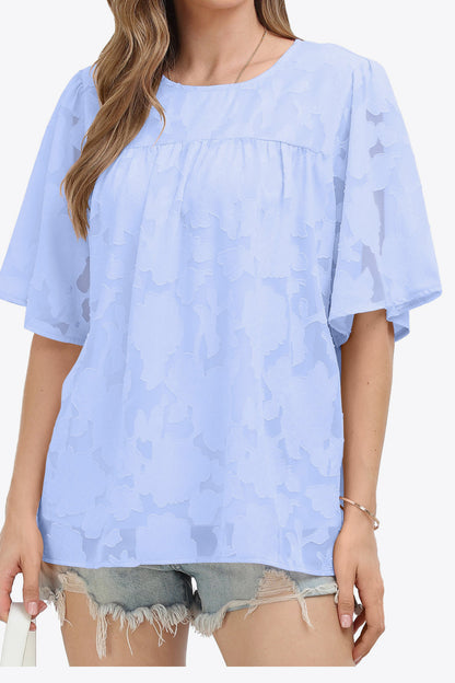 Half-Sleeved Round-Neck Blouse Pastel Blue