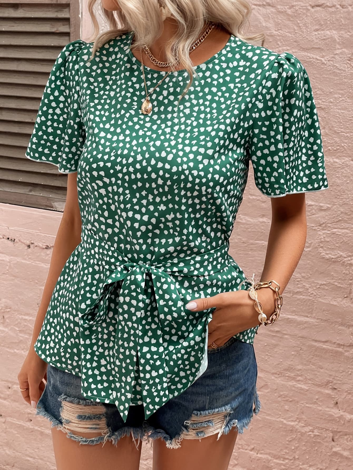 Heart Print Tie Belt Puff Sleeve Blouse