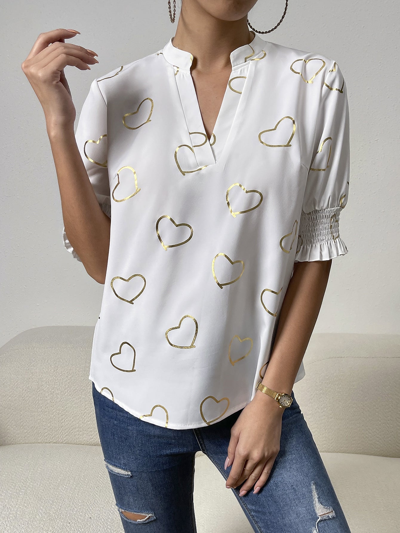 Heart-Printed Notched Neck Blouse with Half Sleeves White