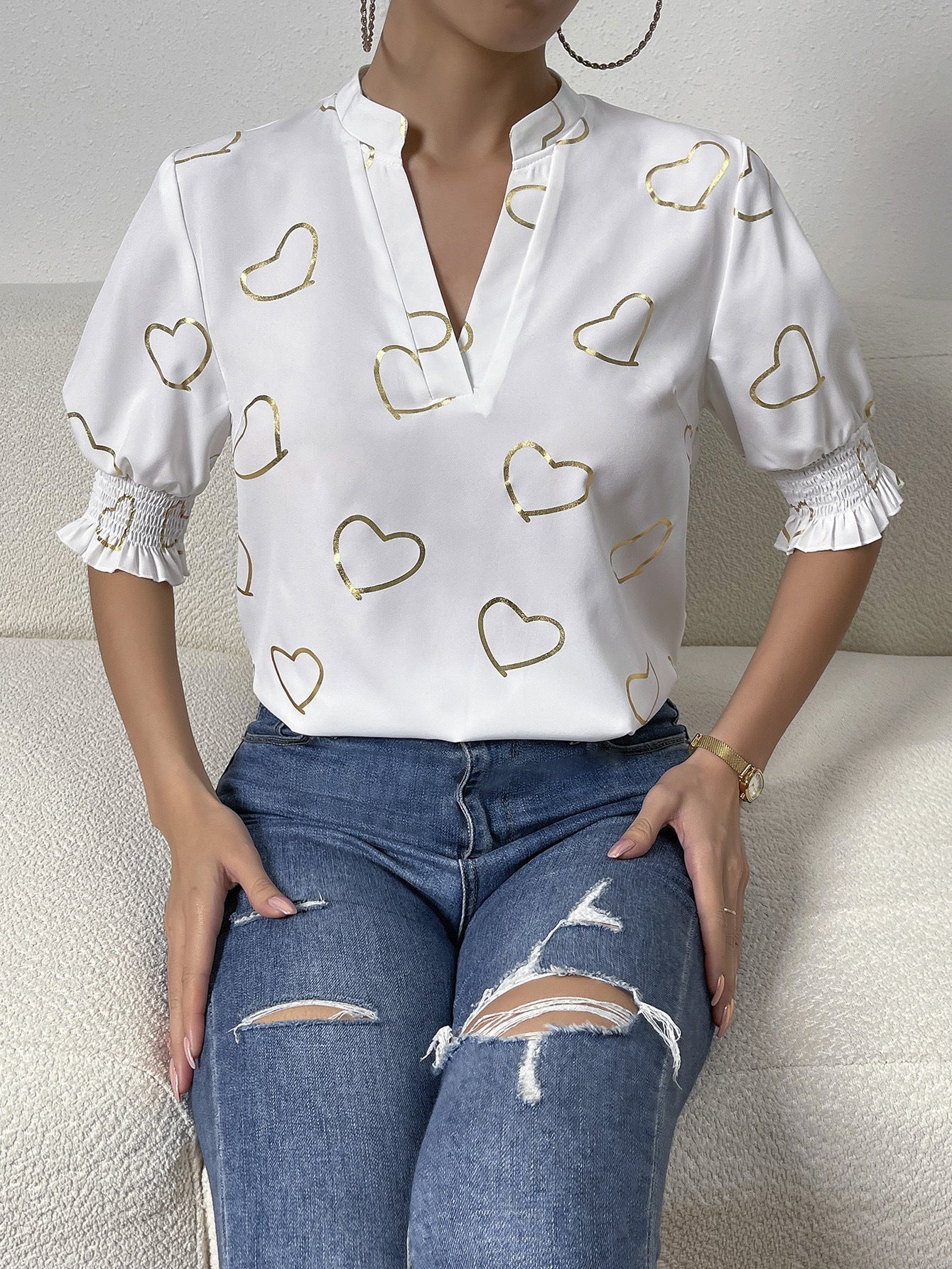 Heart-Printed Notched Neck Blouse with Half Sleeves