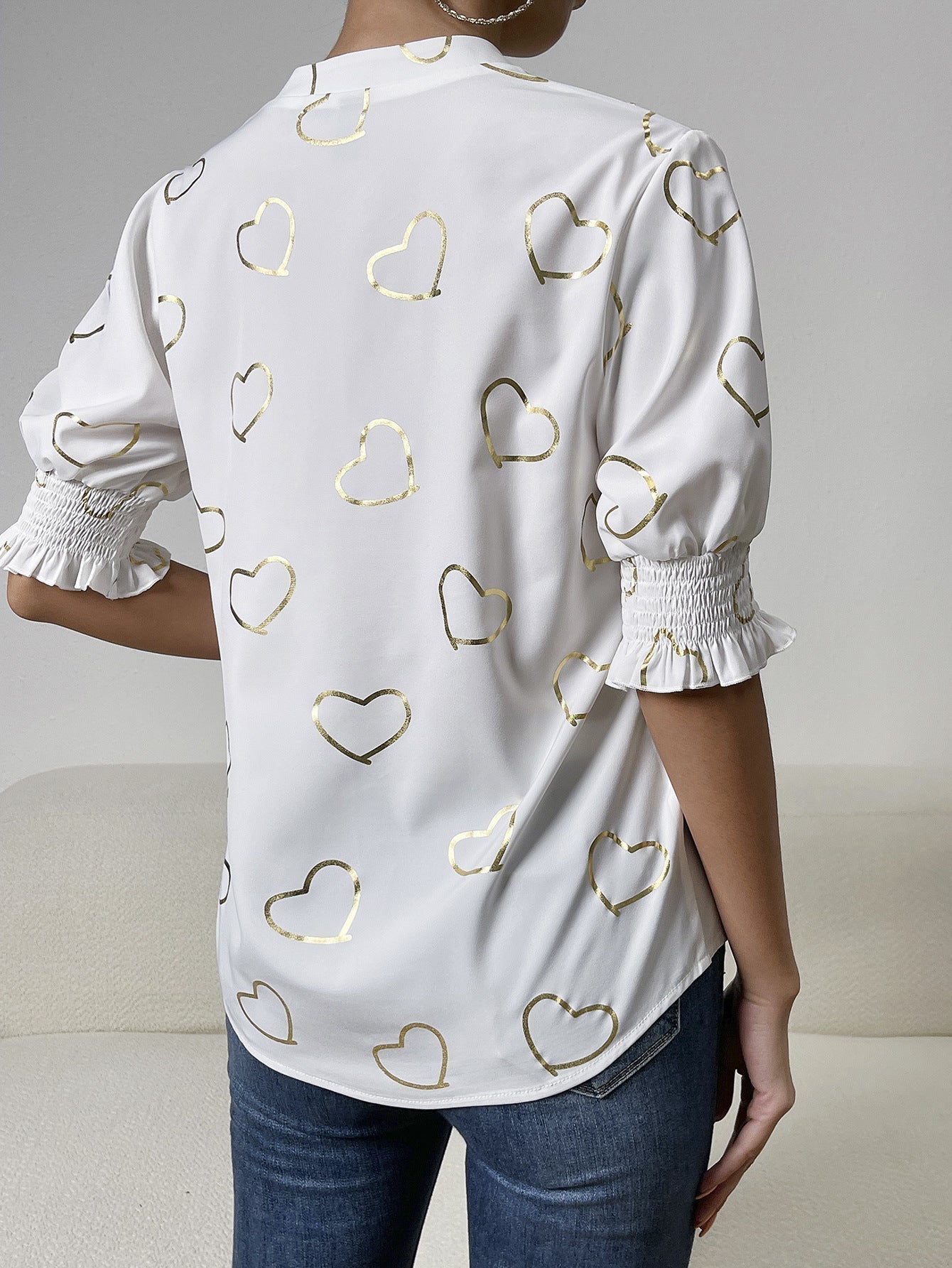 Heart-Printed Notched Neck Blouse with Half Sleeves
