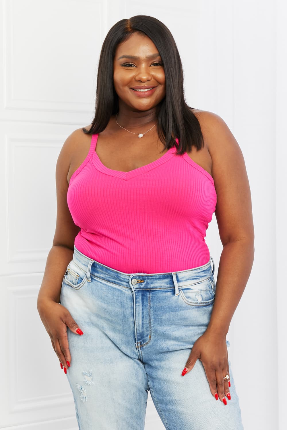 Hot Pink Ribbed V-Neck Camisole