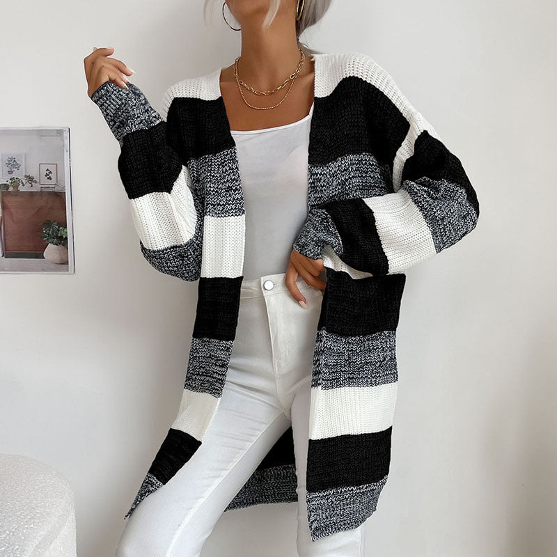 Women's Fashion New Arrival Long Buttonless Colorblock Sweater Jacket Black