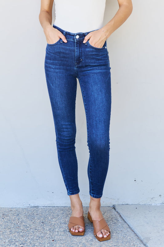 Judy Blue Marie Full Size Mid Rise Crinkle Ankle Detail Skinny Jeans Medium