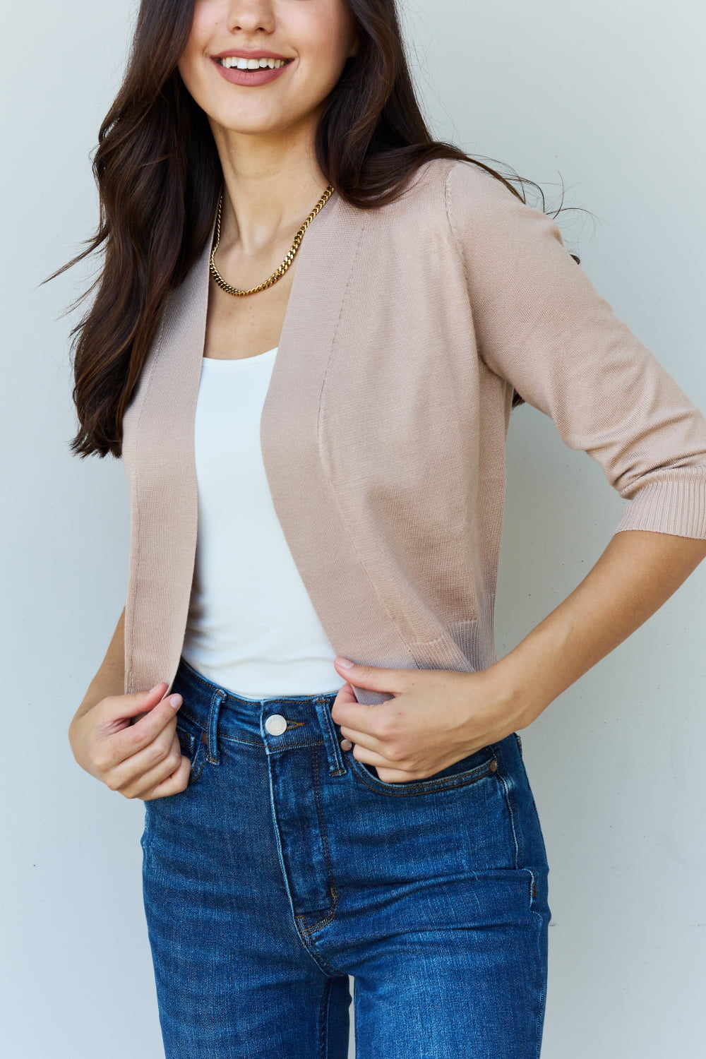 Khaki Cropped Cardigan with 3/4 Sleeves for Women