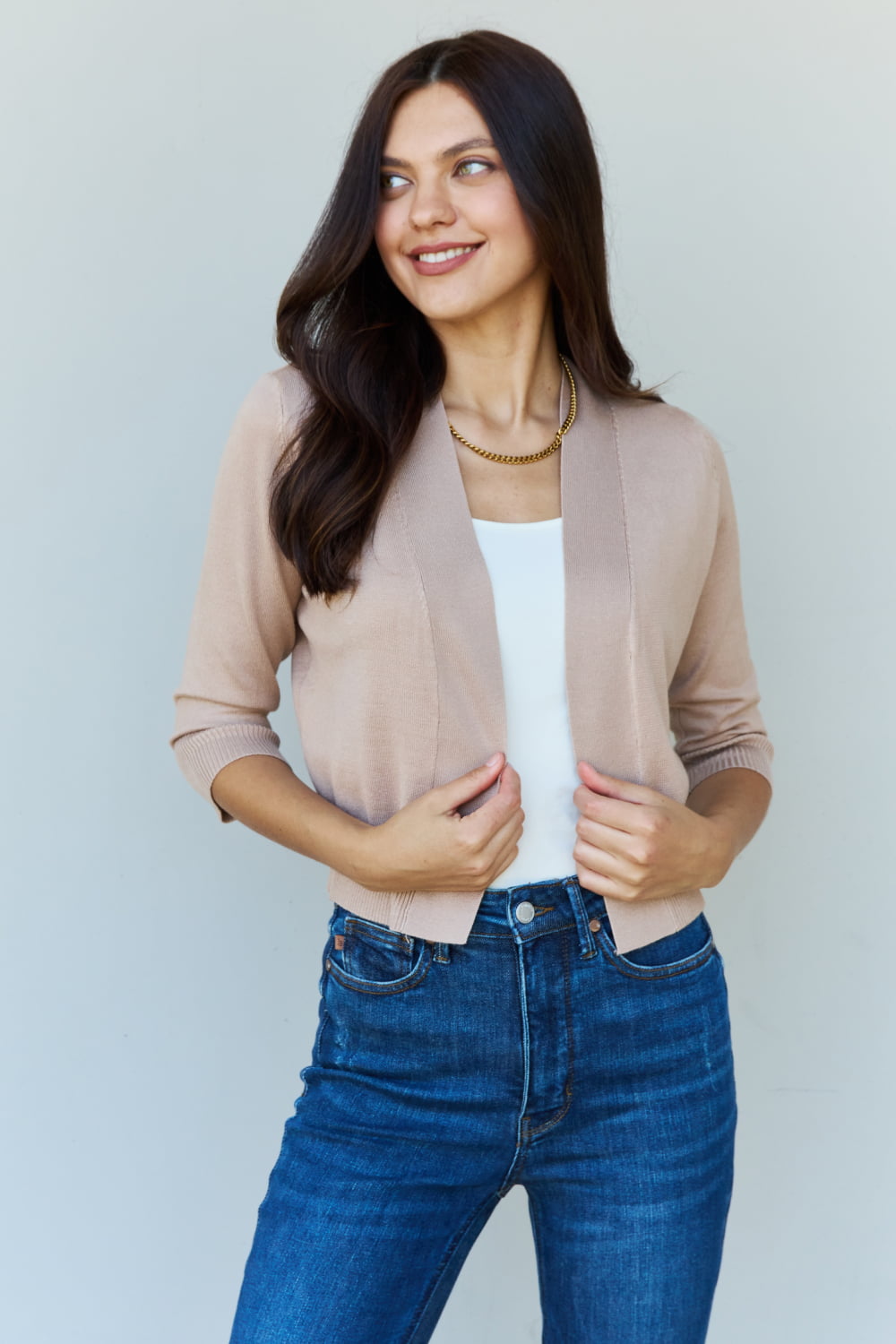 Khaki Cropped Cardigan with 3/4 Sleeves for Women Khaki