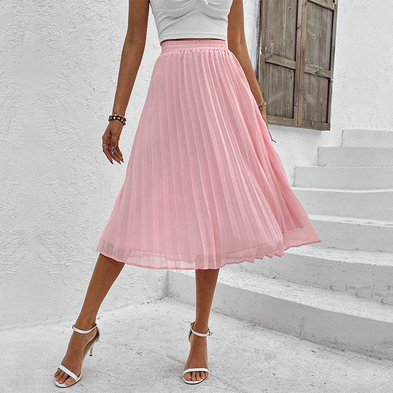 Fashion Skirt Solid Color Chiffon Pleated Skirt Pink